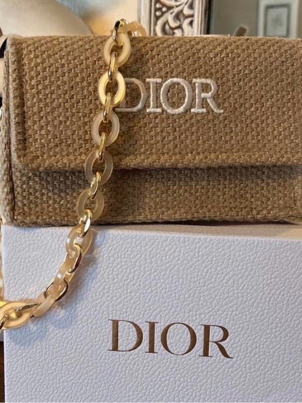 Dior Tan Woven Mini Chain Bag with White Logo